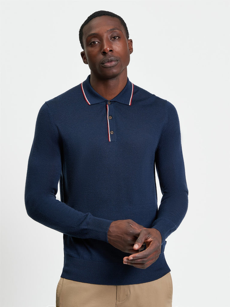Ben Sherman Tipped Long sleeve Merino Polo - Dark Navy