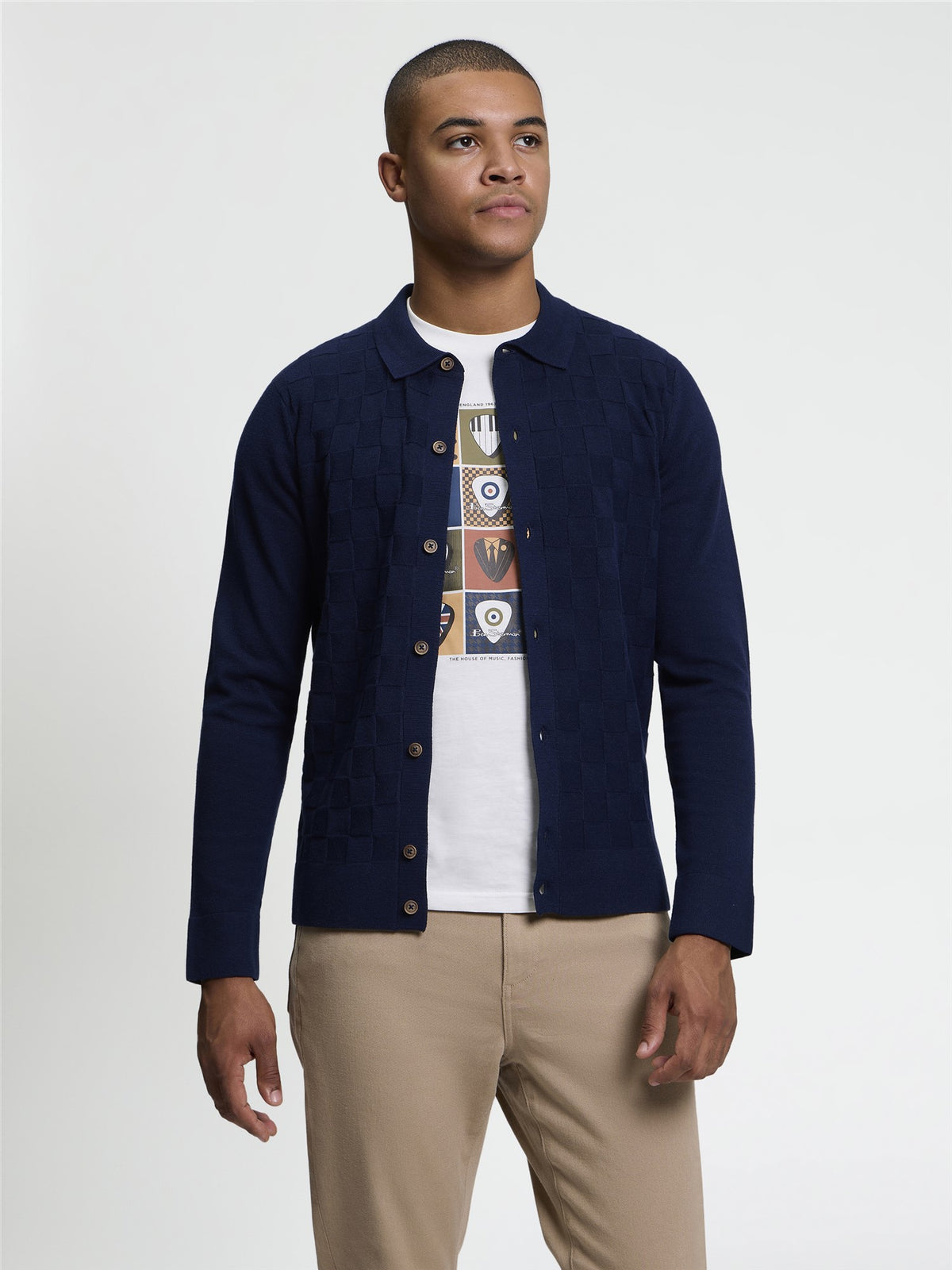 Ben Sherman Knitwear - Long Sleeve Checkerboard Button Through Knitted Shirt - Dark Navy