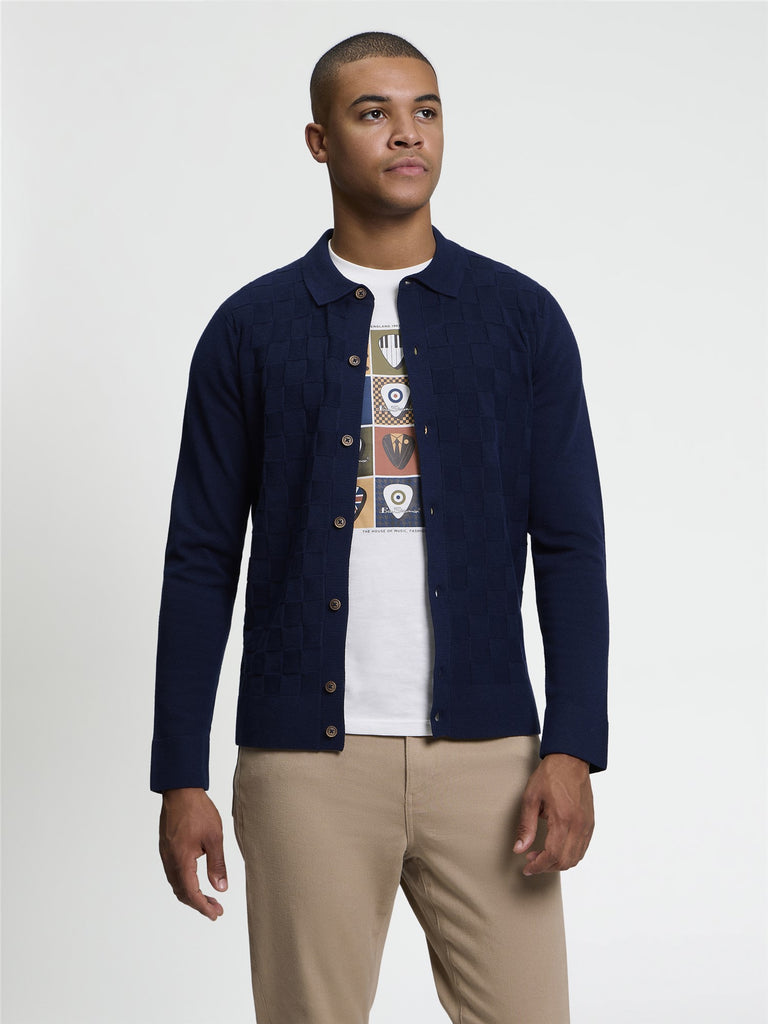 Ben Sherman Knitwear - Long Sleeve Checkerboard Button Through Knitted Shirt - Dark Navy