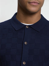 Ben Sherman Knitwear - Long Sleeve Checkerboard Button Through Knitted Shirt - Dark Navy
