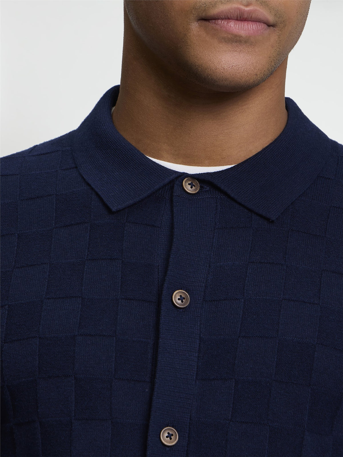 Ben Sherman Knitwear - Long Sleeve Checkerboard Button Through Knitted Shirt - Dark Navy