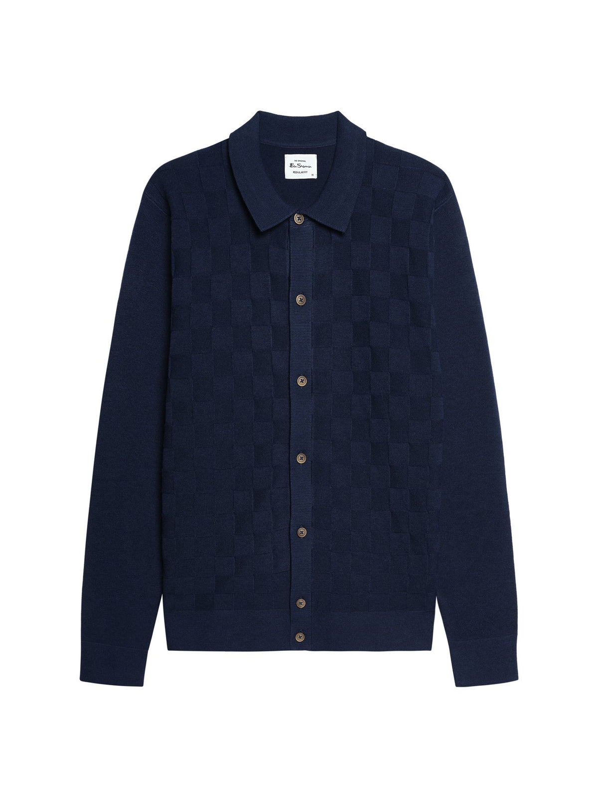 Ben Sherman Knitwear - Long Sleeve Checkerboard Button Through Knitted Shirt - Dark Navy