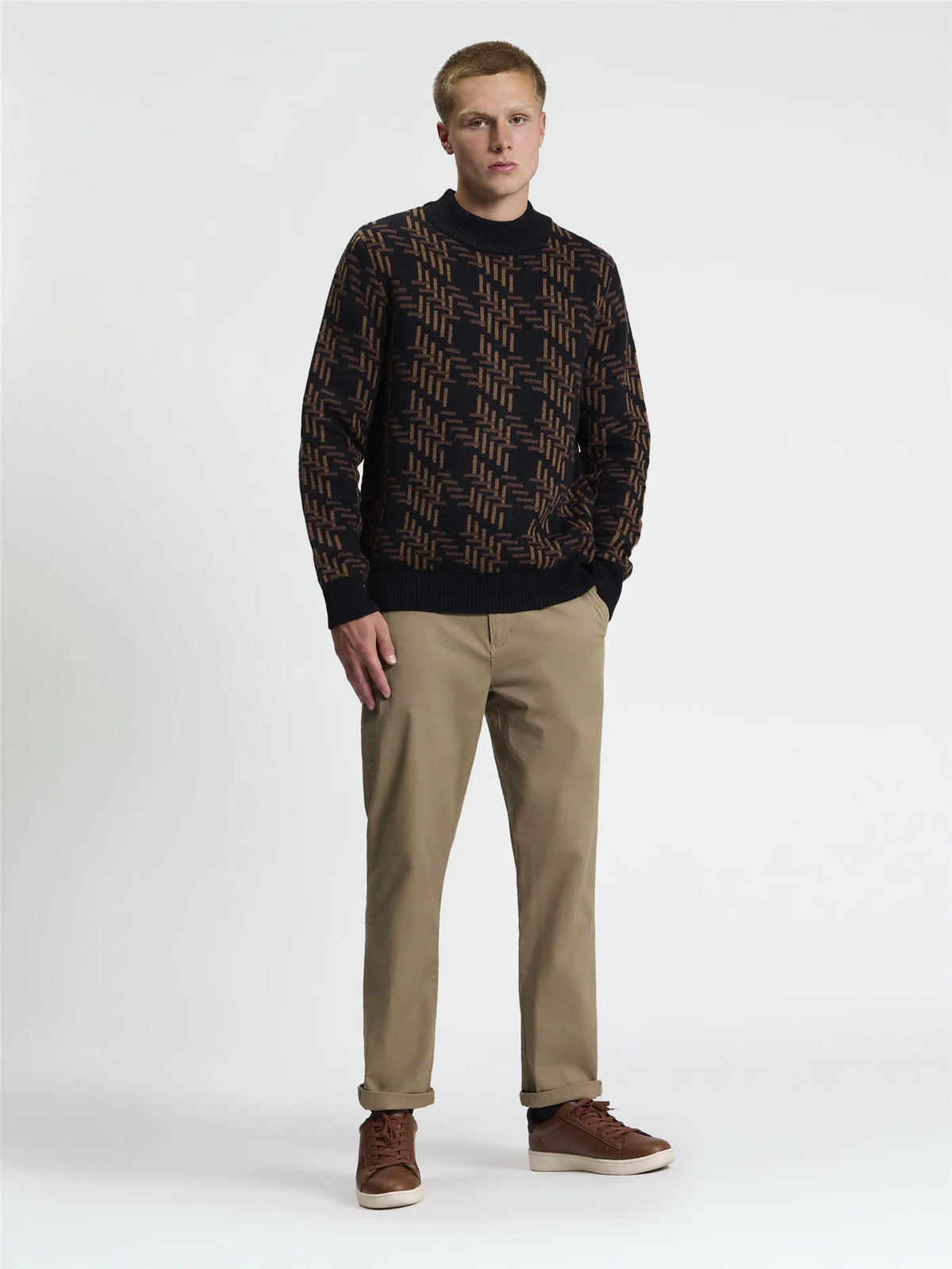 Ben Sherman Pull - Long Sleeve Dogtooth Crew Neck Jumper - Black / Brown