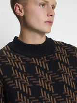 Ben Sherman Pull - Long Sleeve Dogtooth Crew Neck Jumper - Black / Brown