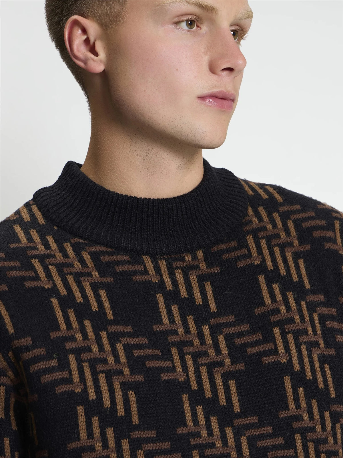 Ben Sherman Pull - Long Sleeve Dogtooth Crew Neck Jumper - Black / Brown