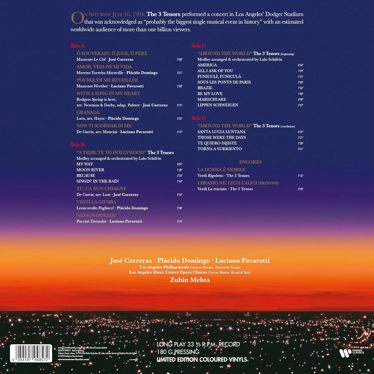 CARRERAS DOMINGO PAVAROTTI - THE 3 TENORS IN CONCERT 1994 (Purple / Orange Anniversary Edition)