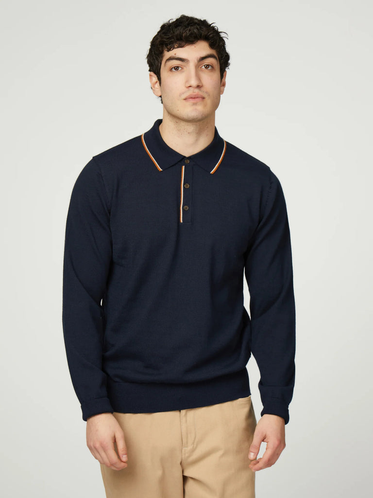 Ben Sherman Polo - Twin Tipped merino long sleeve polo - Dark Navy