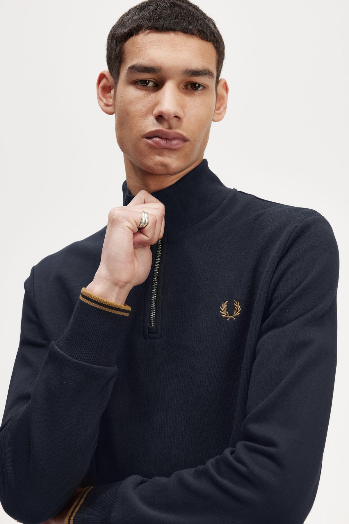 Fred Perry Sweater - Half Zip Sweatshirt - Navy / Dark Caramel