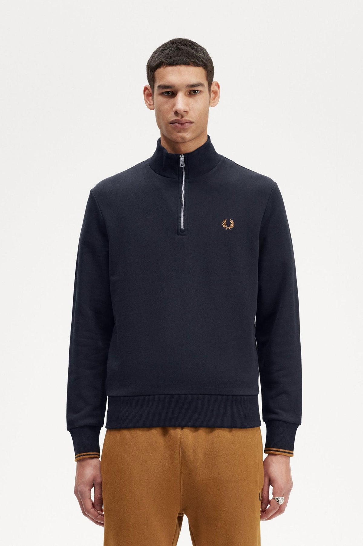 Fred Perry Sweater - Half Zip Sweatshirt - Navy / Dark Caramel