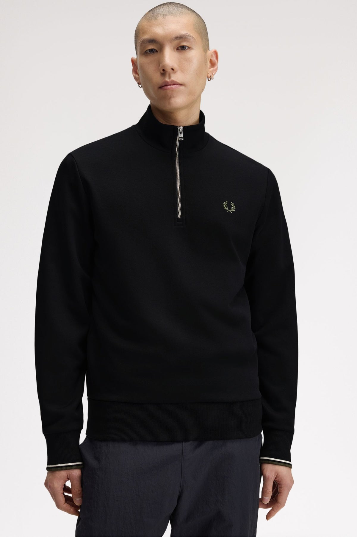 Fred Perry Half Zip Sweatshirt - Black / Ecru / Laurel Wreath Green