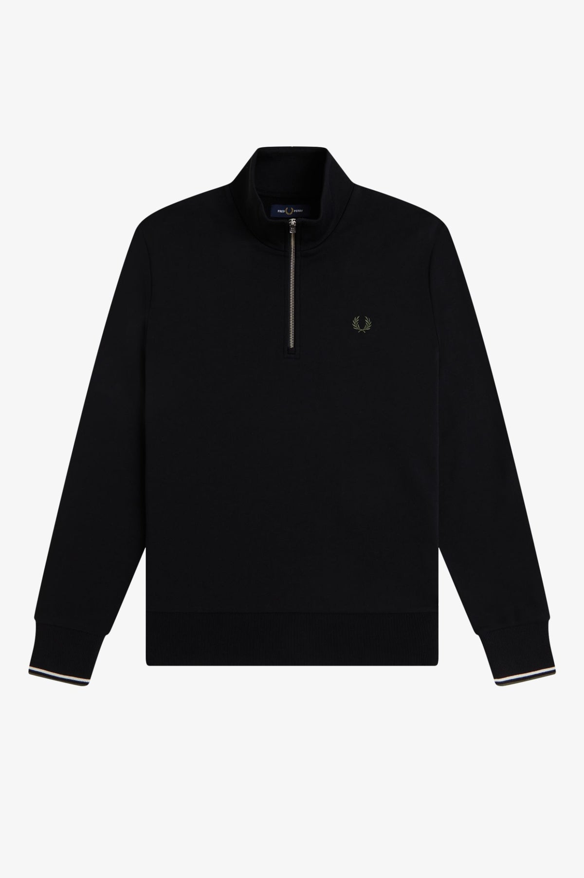 Fred Perry Half Zip Sweatshirt - Black / Ecru / Laurel Wreath Green