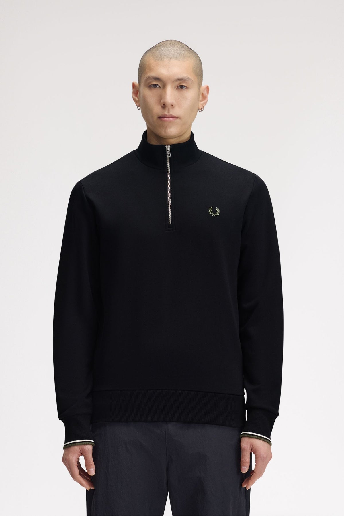 Fred Perry Half Zip Sweatshirt - Black / Ecru / Laurel Wreath Green