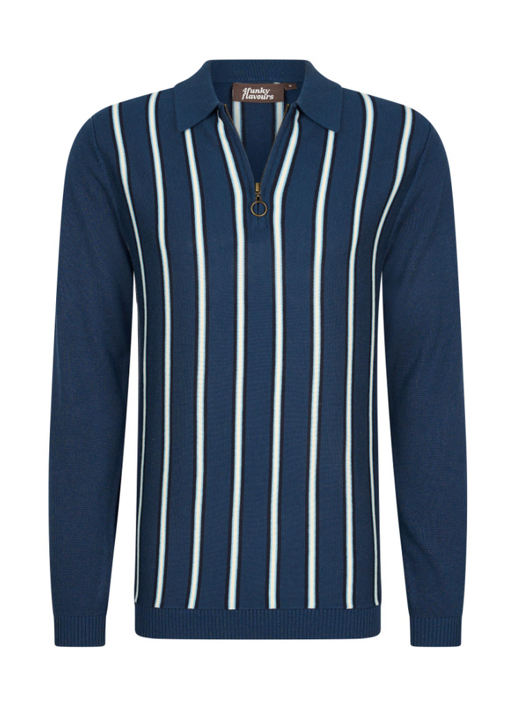4Funky Flavours Longsleeve Knitted Polo - DOVE - Striped Blue