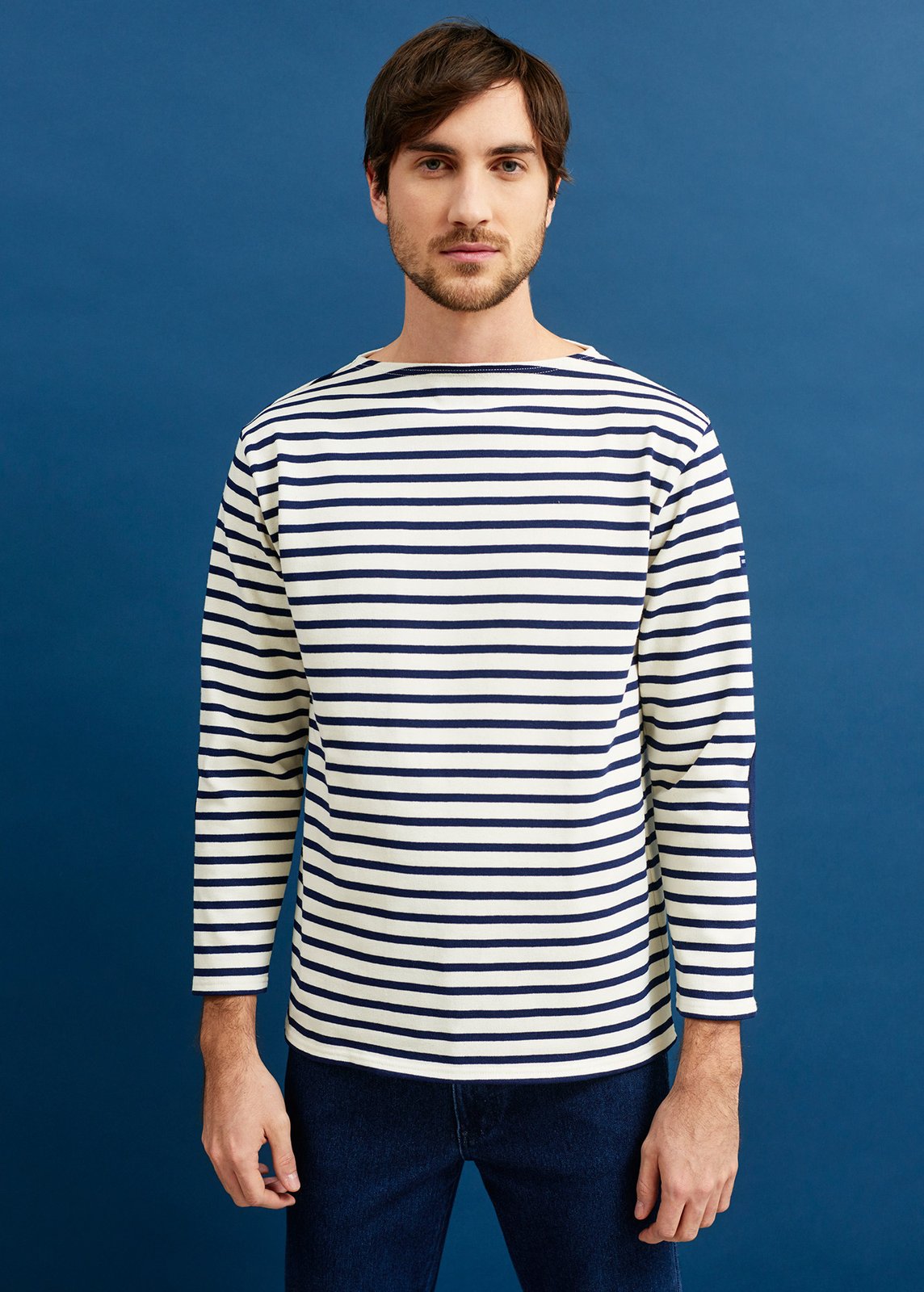 Guildo boat neck striped sailor shirt plain elbow patches